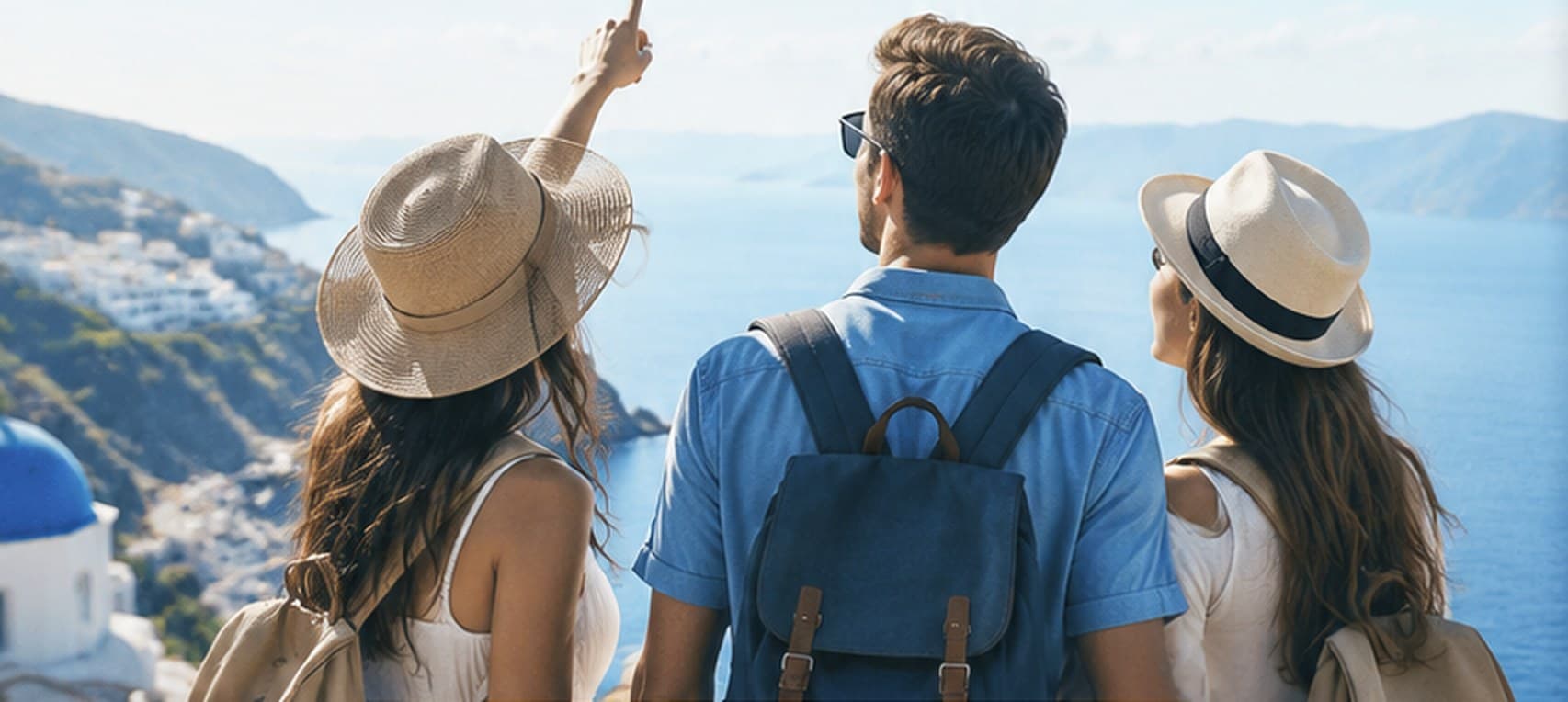 Three travellers looking out over the sea from a clifftop, one pointing at an aircraft overhead